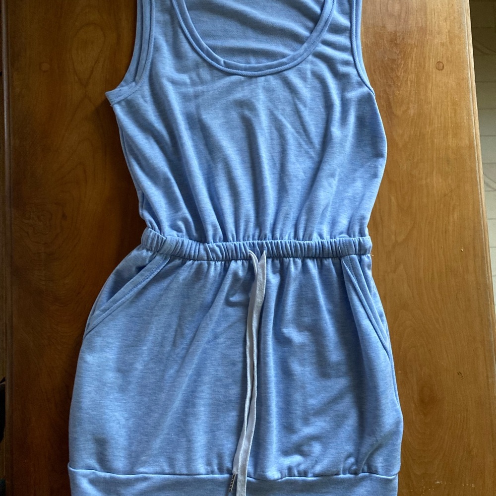 Gilli Heather Light Blue Sleeveless Mini Dress / Romper Dress – Drawstring Waist